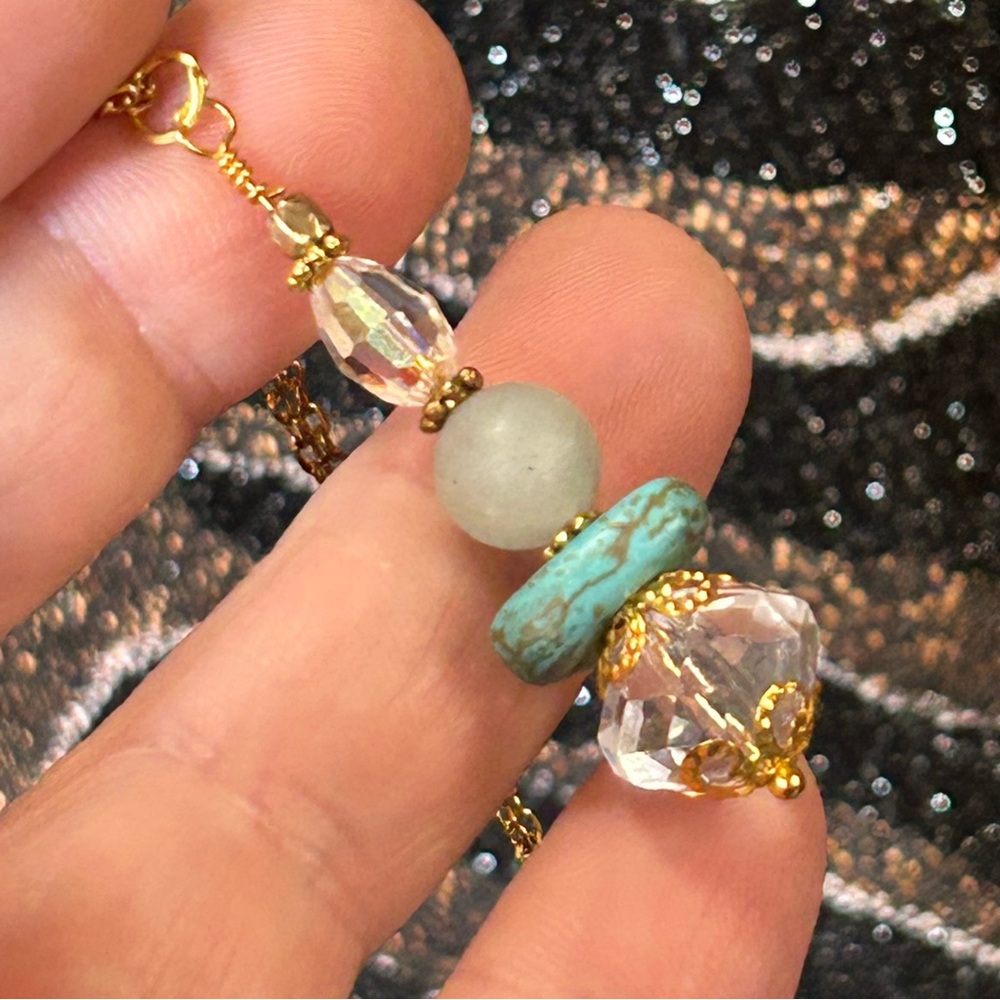 Handcrafted vintage bead turquoise quartz drop pendant on chain necklace